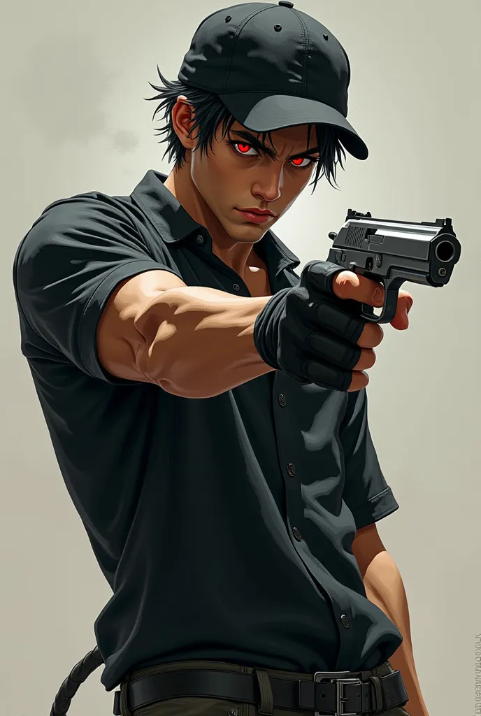 cyberpunk man, short black hair without a cap, Iris do Ojos Vermelos, black shirt,  cargo pants black,  black cap , 38 chrome revolver in hand 