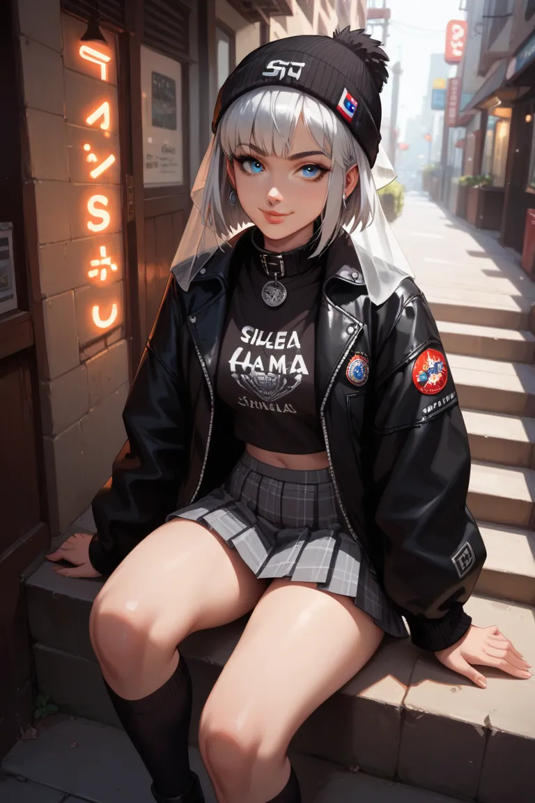 "A Japanese woman with silver-white hair and vibrant blue eyes sits on the edge of a metal stairway in a narrow Tokyo alley. She wears an oversized black bomber jacket with silver zipper details, a plaid pleated mini skirt, and knee-high black socks. A whi...