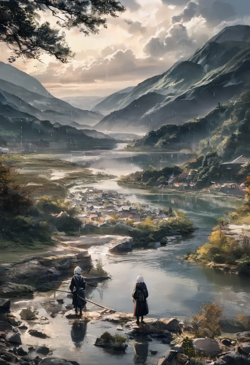 best quality, Characters reflected in close proximity, detailed mysterious scenery spreading to the left, (river, mountain and sky:1.3), (Japanese vagabond, white hair, traditional Japanese cloth:1.1), Journey, closed eyes, beautiful scenes, full body, pan...