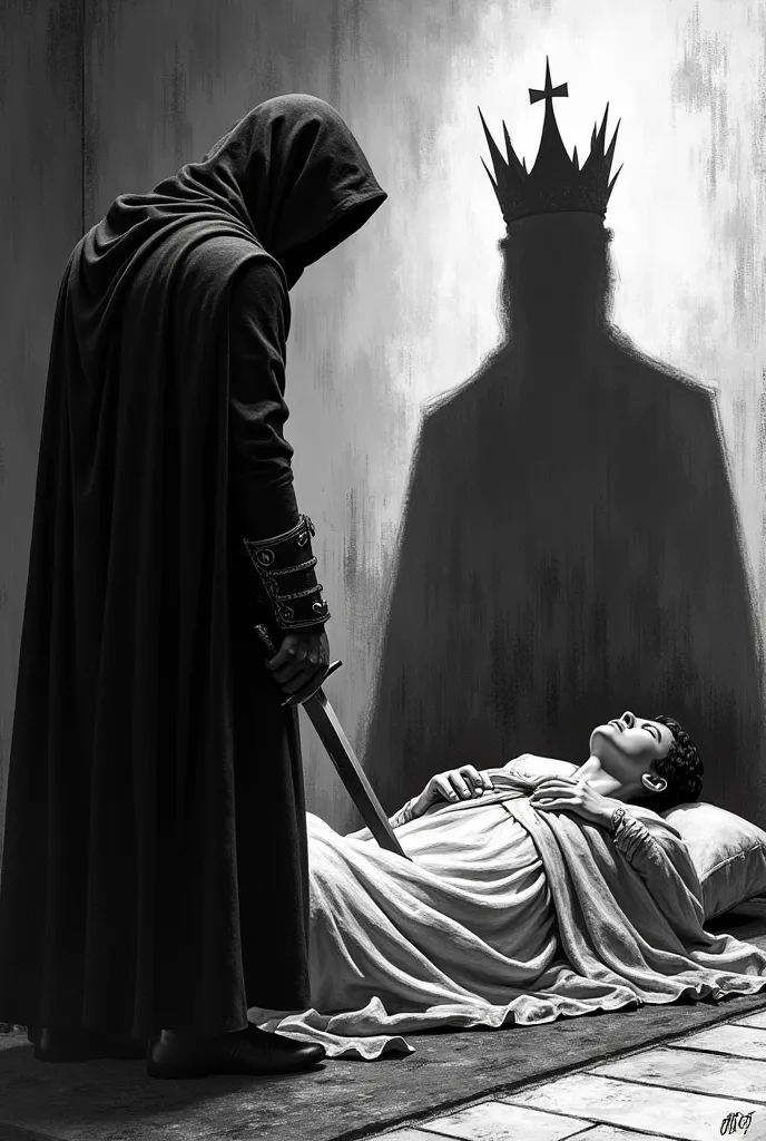 , it creates an artistic drawing in black and white of A hooded man stabs a sleeping king, while the shadow of the assassin projects the image of a monarch wearing the crown.