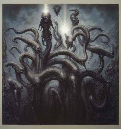 Please reproduce the original image as accurately as possible, capturing the intricate details of the biomechanical structures, the dramatic lighting, and the overall sense of unease. Find and enhance depiction of Giger's demons and creatures.(best quality...