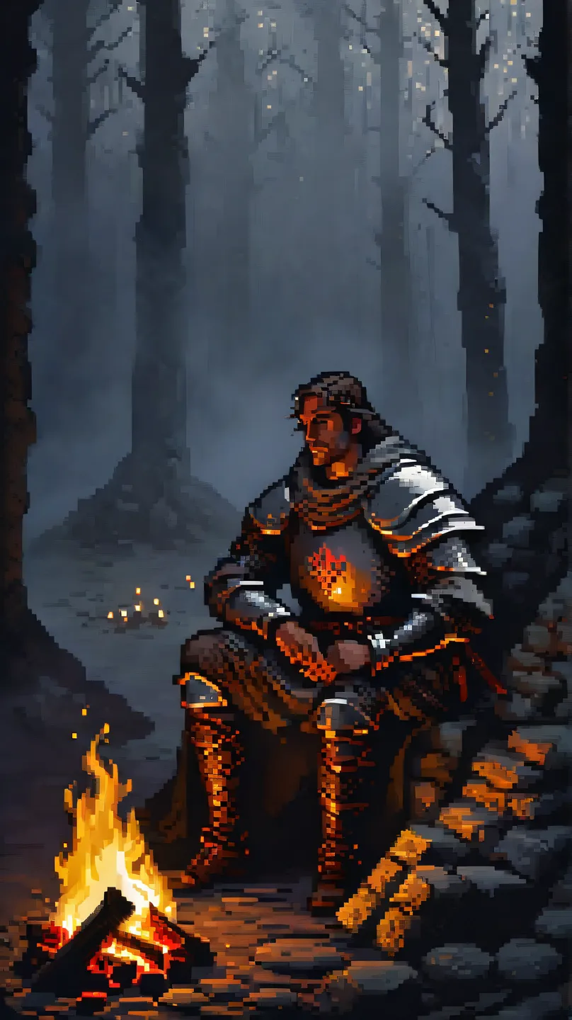 a medieval warrior resting over a campfire on a dark and gloomy night