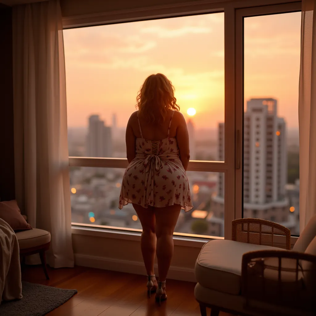 inside an apartment in a big city, panoramic window,  sunset ,  BLONDE WOMAN, milf, 40 years, bbw, Cabedos Cortos, ears, big ass, wide-hipped, a kind look, flowery dress, short dress
