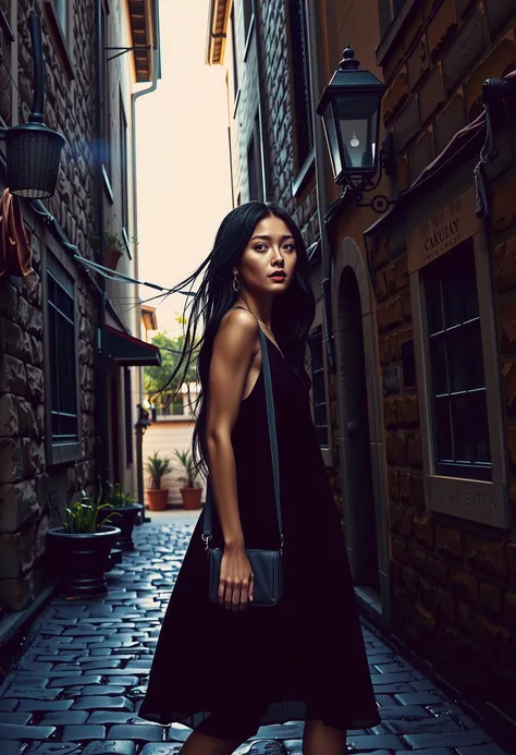 Professional photographic shot of a beautiful woman, she has long, flowing black hair and wears a loose summer dress in a deep wine color, with a small crossbody bag hanging at her side. She is walking down a narrow cobblestone street in an old historic d...