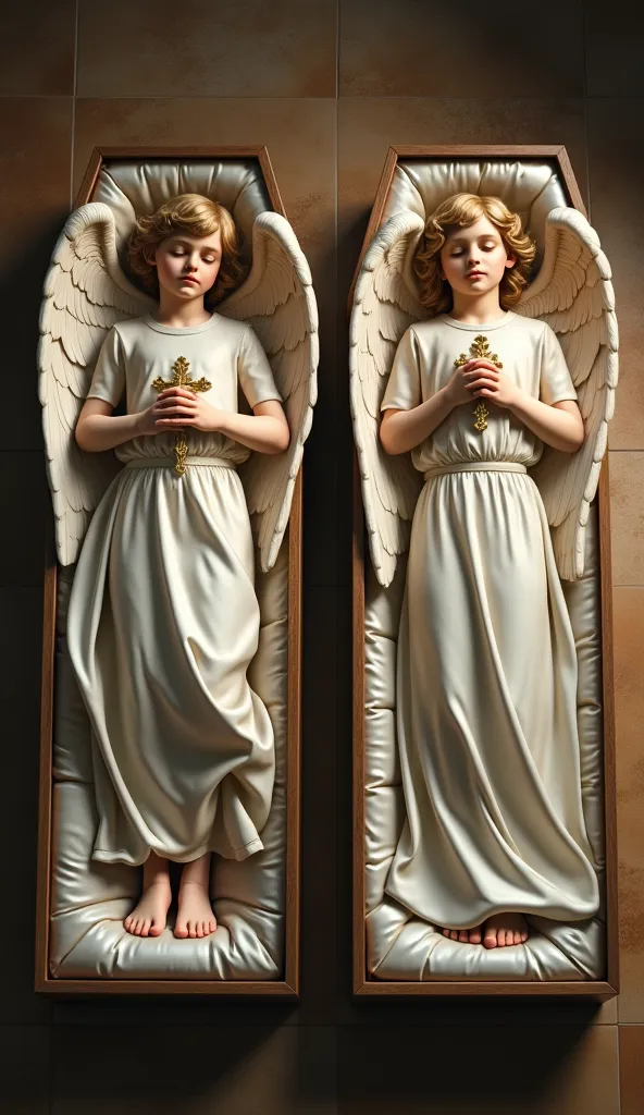 two dead beautiful blonde young boy angels long folded wings   head on satin pillow in shiny satin diffrent long flowing pants satin shiny  top  eyes closed mouth closed barefoot  folded on chest holding gold crucifix   lying in satin caskets side by side ...