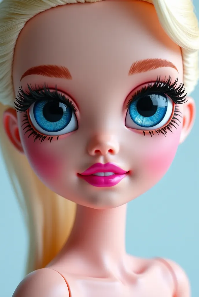 A Barbie doll with super big doe eyes that are ocean blue and thick thick eyelashes and bottom thick eyelashes 