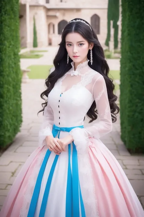 masterpiece, Perfect Long Legs , Abdominal binding, Large pink and white Victorian dress, Wavy black hair , Blue Eyes,  inside a castle ,  stands, trim, Ribbon on hair, very beautiful,  innocent face , trim on dress