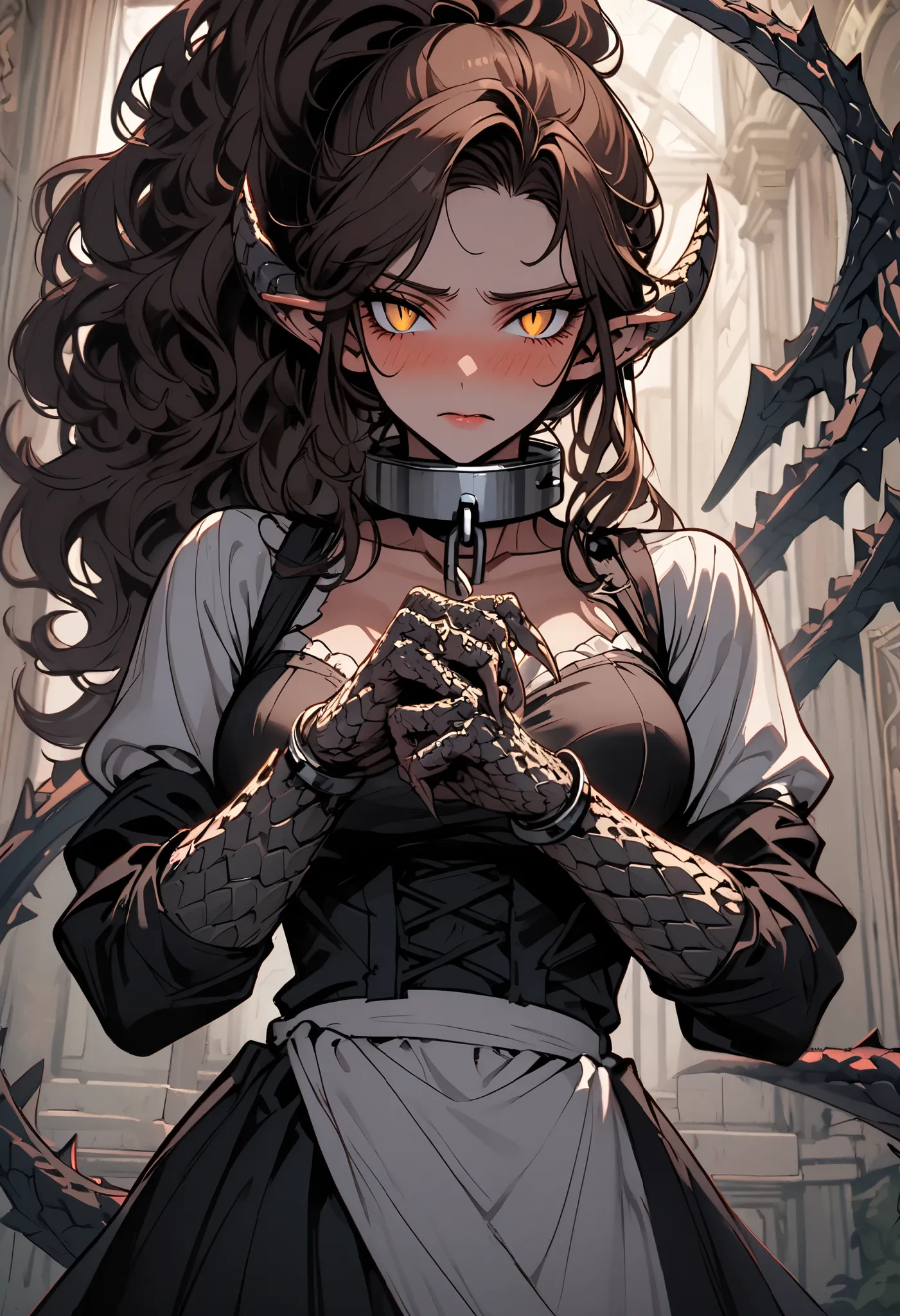 draconic ears, large breasts, very tall woman, athletic, slit pupils, large woman, short horns, solo, female, close up, long hair, curly hair, big hair, ponytail, dark brown hair, golden eyes, draconic tail, lizardgirl, claw hands, metal collar, slave, Vic...