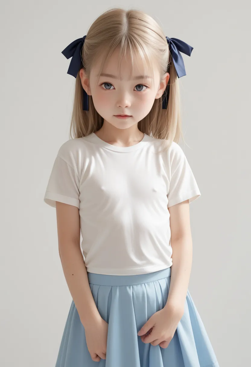 (1 girl, solo, 6yo, flat chest, short stature, toddler), t-shirt, skirt, hair ribbon, 