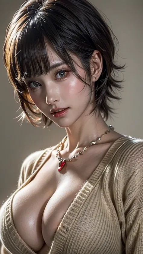 ((beautiful face:1.4)), (Purelos Face_v1: 1.0),((realistic:1.2)), (top quality, 8k, 32K, masterpiece,  Ultra High Resolution :1.2),pictures of beautiful Japanese women, big breasts,  very short bob hair ,upper body,(Extra Large_ sweater ,:1.1) necklaces, s...