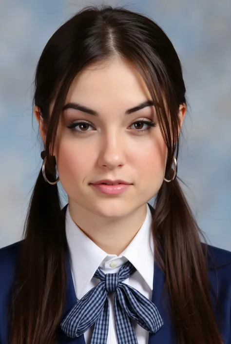 Sasha Grey, Brunette very long twintails, school yearbook, Hot, school uniform, hoop earrings, makeup, Masterpiece, High Resolution, Accurate, High Details, Textured Skin, photography, poster, pose, Realistic.