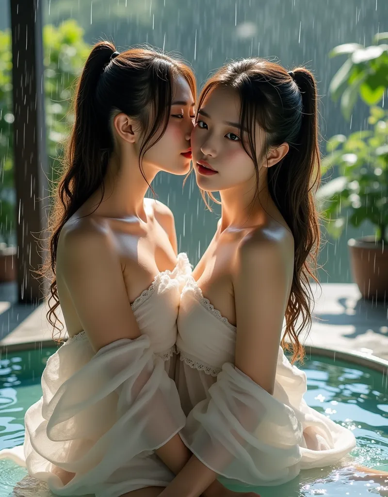 Raindrops flowing down the roof of an open-air bath gazebo、Dripping Water Drops and Focus on the Roof、Sexy Beautiful Sisters Wrapped in Ultra-Thin Wet Gauze Towels、Watery eyes、Delicate Skin Texture、Hot springs with steam 、Quiet space