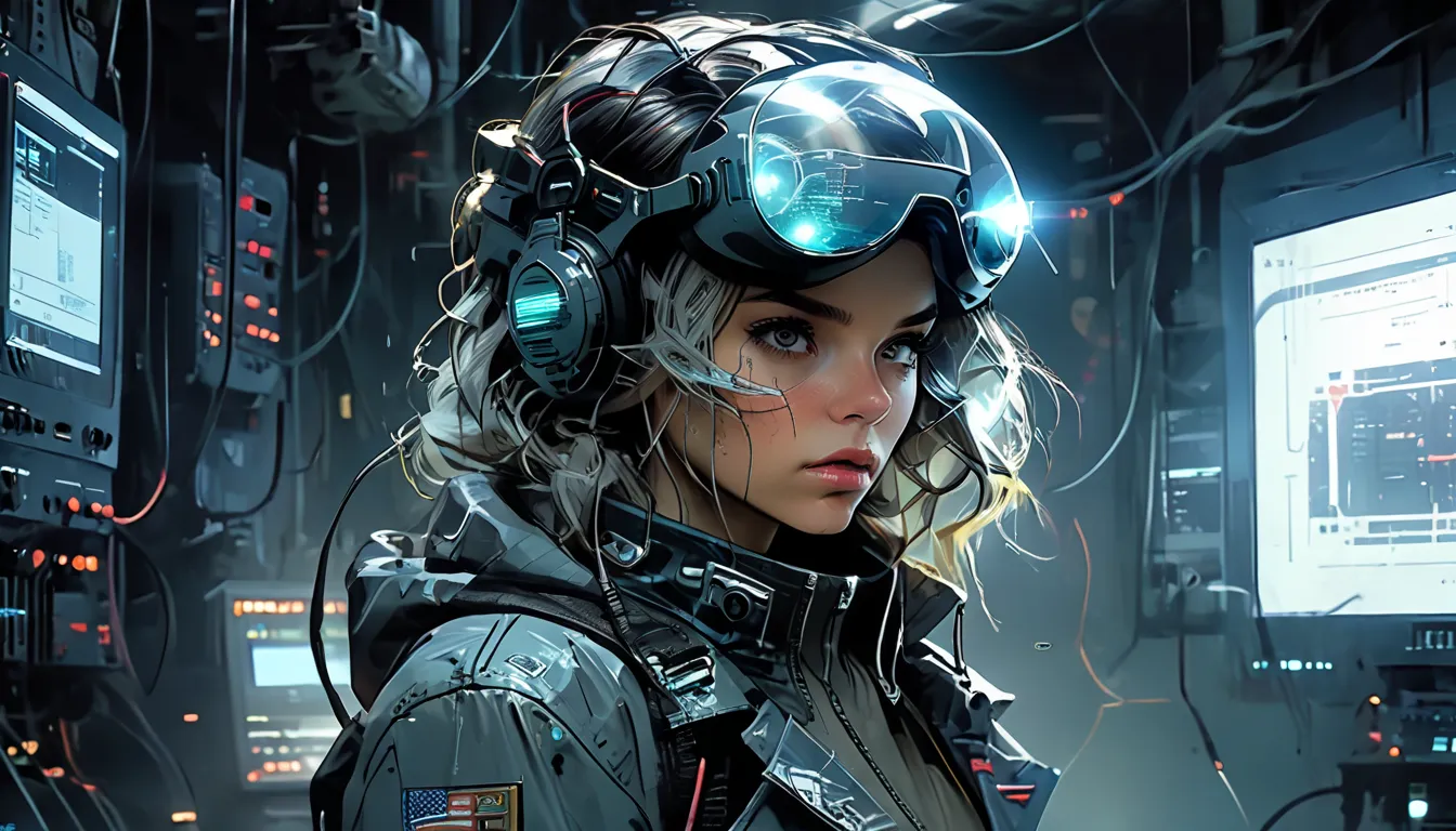 Shady cyberpunk retro anime art, with a dark and melancholic aesthetic. in the foreground, a woman in a heavy space pilot coat is inside a research laboratory abandoned. She wears a futuristic helmet with large cracked VR lenses, covered with meaningless c...