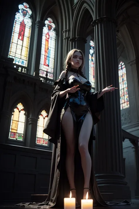 Wide-angle masterpiece: Doomka conducting a dark symphony in a crumbling gothic cathedral. Massive stained glass windows depicting soundwave patterns cast colorful light on her figure. Floating MIDI controllers orbit her as braids levitate with static elec...