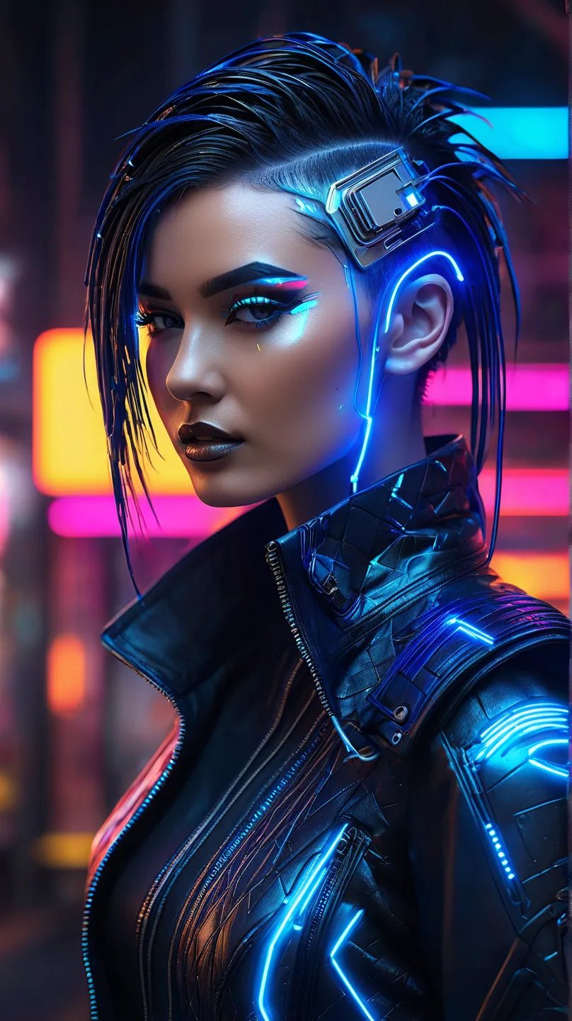  Create one , portrait inspired by cyberpunk. The person She has a futuristic hairstyle with electric blue spikes and accents Metallic. Your skin has a slight metallic sheen, integrated with neon circuit patterns. The clothing is a combination of leather a...