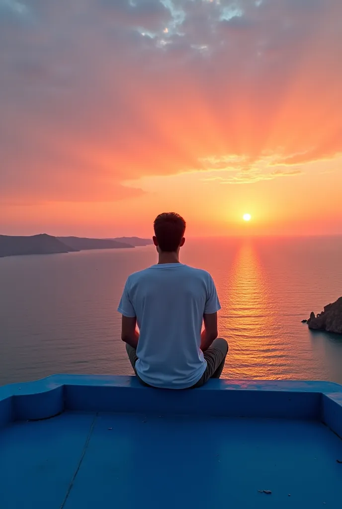 This man sitting on a blue roof looking at the ocean with a sunset 