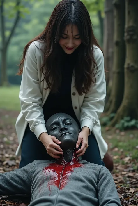 Realistic, A Very beautiful woman, cut throat a boy, boy full face mask close, neck bloody splash, neck slashed, throat contents, boy dead, woman knife, woman very thick hair, woman dress, woman rich beauty, boy hoodie, woman kill boy