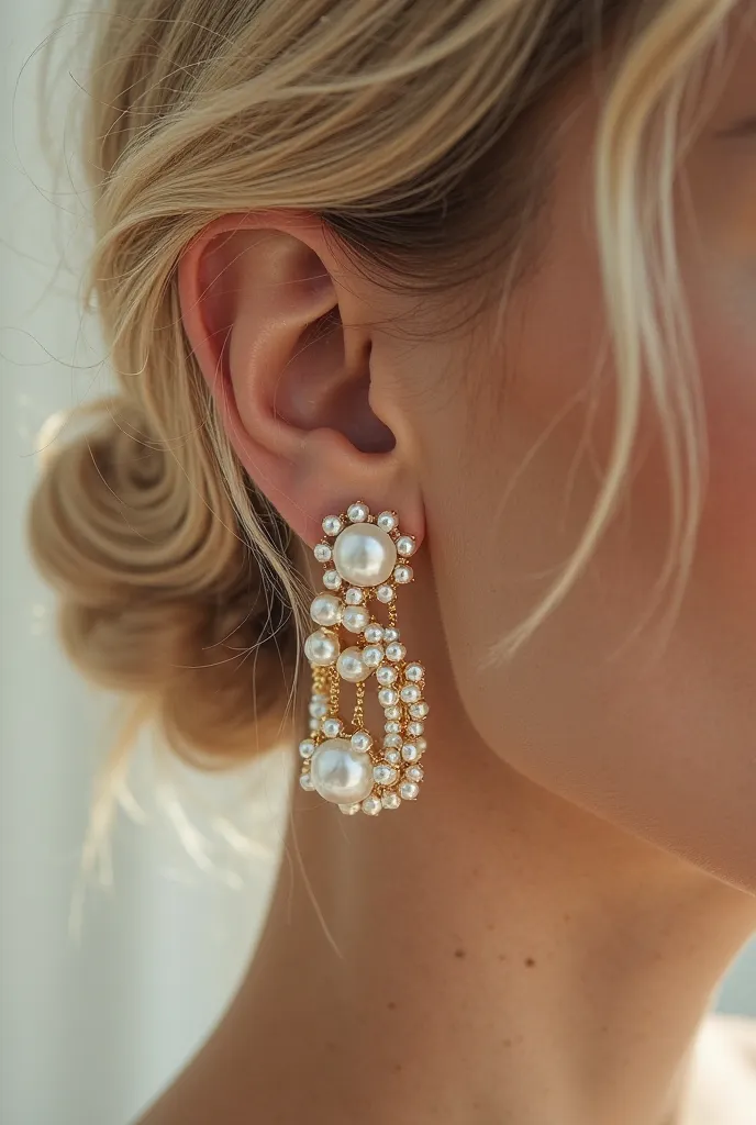 Close-up of a woman's ear adorned with multiple luxurious pearl ear cuffs, a mix of delicate gold and statement pearls, creating a modern yet timeless bridal jewelry look. The intricate details of the jewelry contrast against soft, elegant blonde hair. Hig...