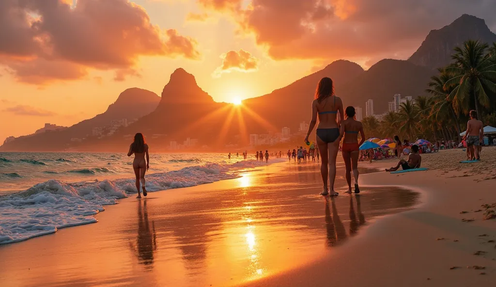 a breathtaking, cinematic photograph of Leblon Beach in Rio de Janeiro at sunset, warm golden lights dancing across the sand and waves, with vibrant oranges and pinks illuminating the sky, the majestic Morro Dois Irmãos mountains majestic in the background...