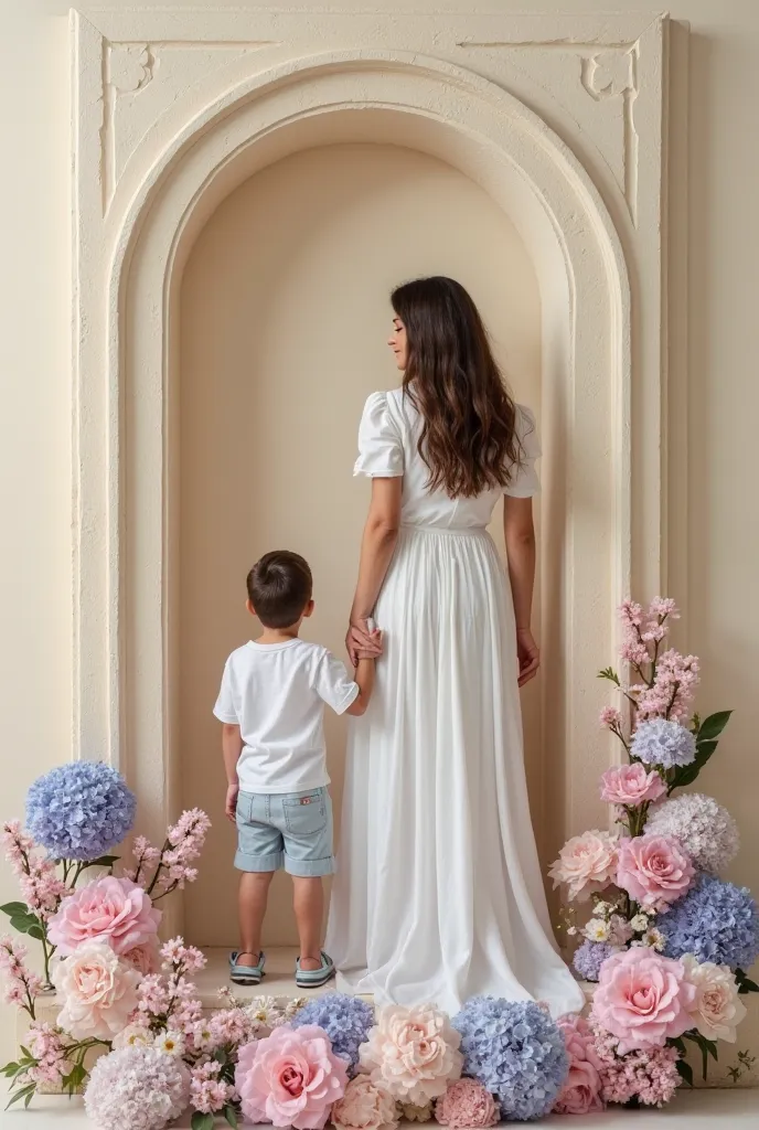 
CREATE AN IMAGE OF A MOTHER HOLDING HER SON'S HAND BOTH ON HER BACK INSIDE A BEIGE ROMAN PANEL AND AROUND THE ROMAN PANEL ULTRA GIANT FLOWERS WITH WHITE STEMS. THE LIGHT LILAC FLOWERS, light pink and light azure