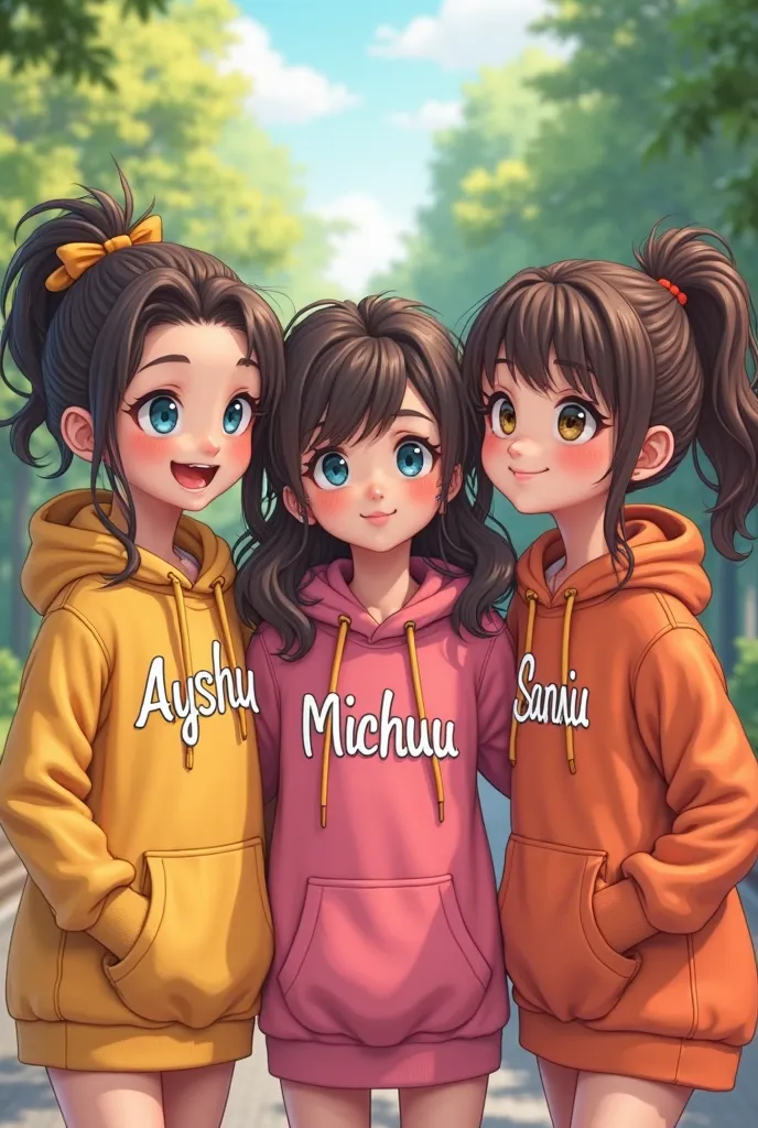 Three girls who best frnds and their name on their hoodie dress 1.dress name had ayshu 2.dress had michuu 3.dress had sanuu 