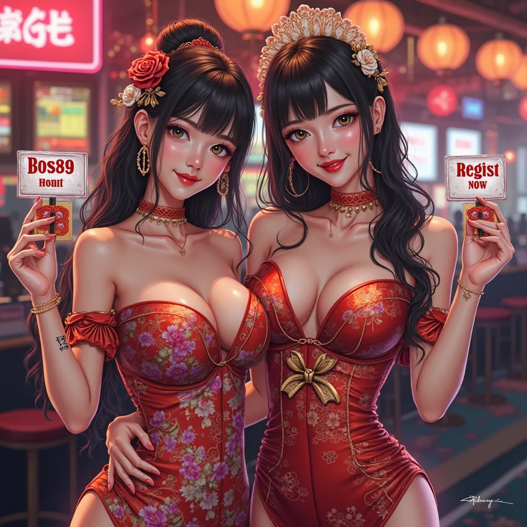 a beautiful two japanes woman sexy and luxury holding up a sign "BOS89 REGIST NOW" , joyful , happy , REAL illustration , photorealistic , oil painting , casino background , wearing japanes traditional sexy dress , Real character should , medium breast cle...