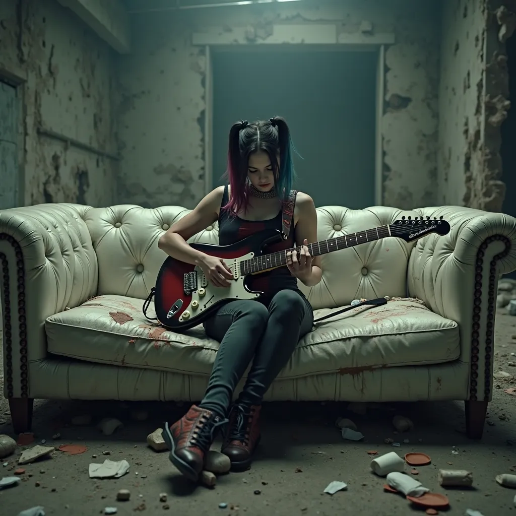 cinematic photo, Harley Quinn whit dark hair on a worn out, destroyed, abandoned white leather couch and playing an electric guitar