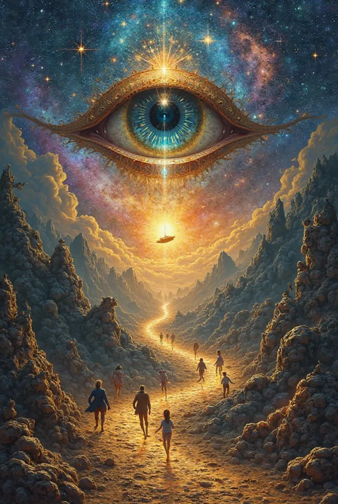 A surreal and symbolic artwork depicting the journey of self-discovery and the contrast between materialism and spiritual awakening:
- A large, mystical eye at the center, radiating light and wisdom, symbolizing deep awareness.
- Figures running towards gl...