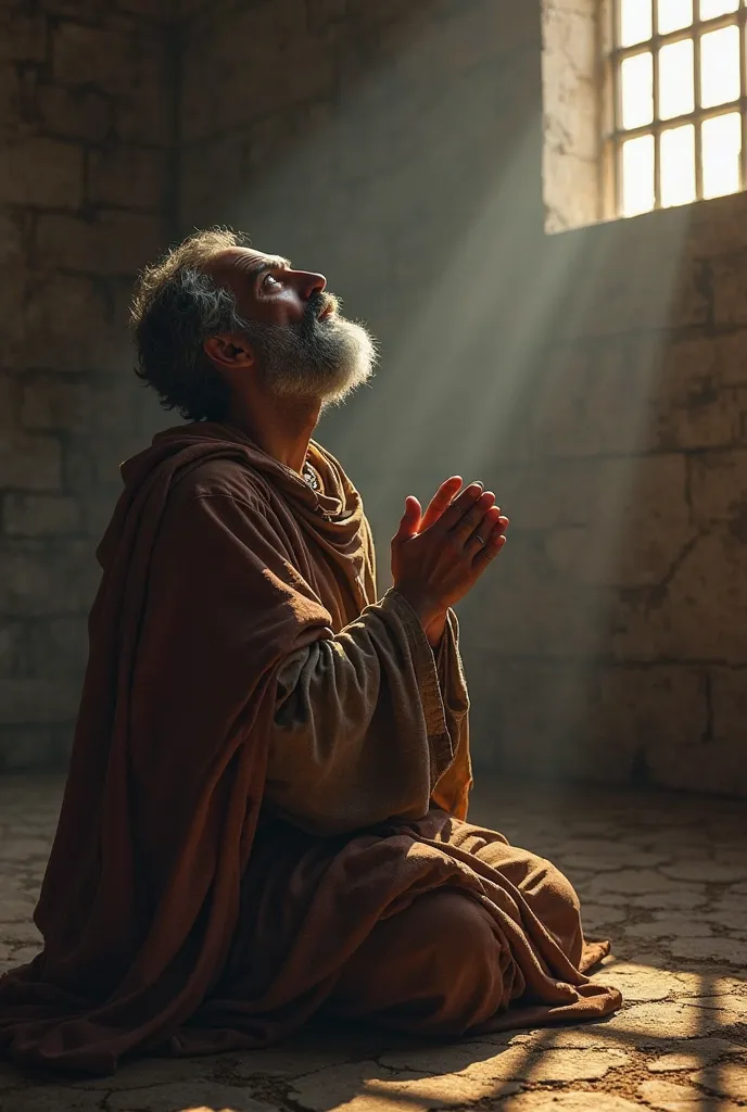 apostle paul, in prison, Praying to God on my knees, looking up