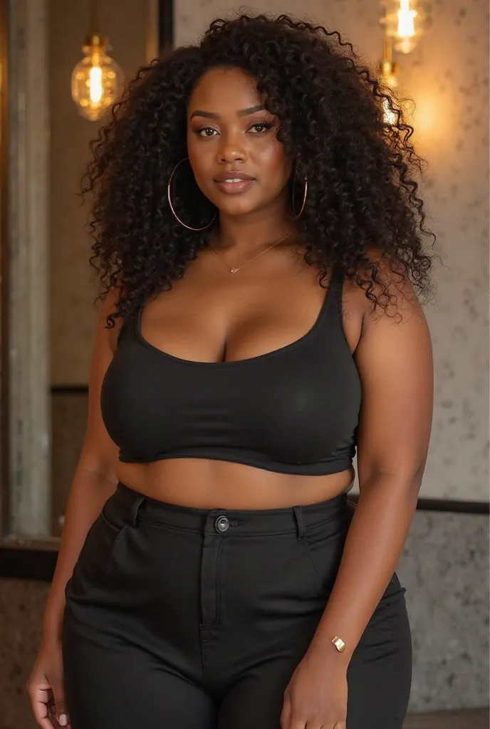 A gorgeous, curvy plus-size model with fair skin, voluminous curly hair, and deep brown eyes that exude warmth and confidence. She has a beautifully proportioned figure with full hips, a voluptuous bust, and a radiant, confident presence. Her skin is smoot...