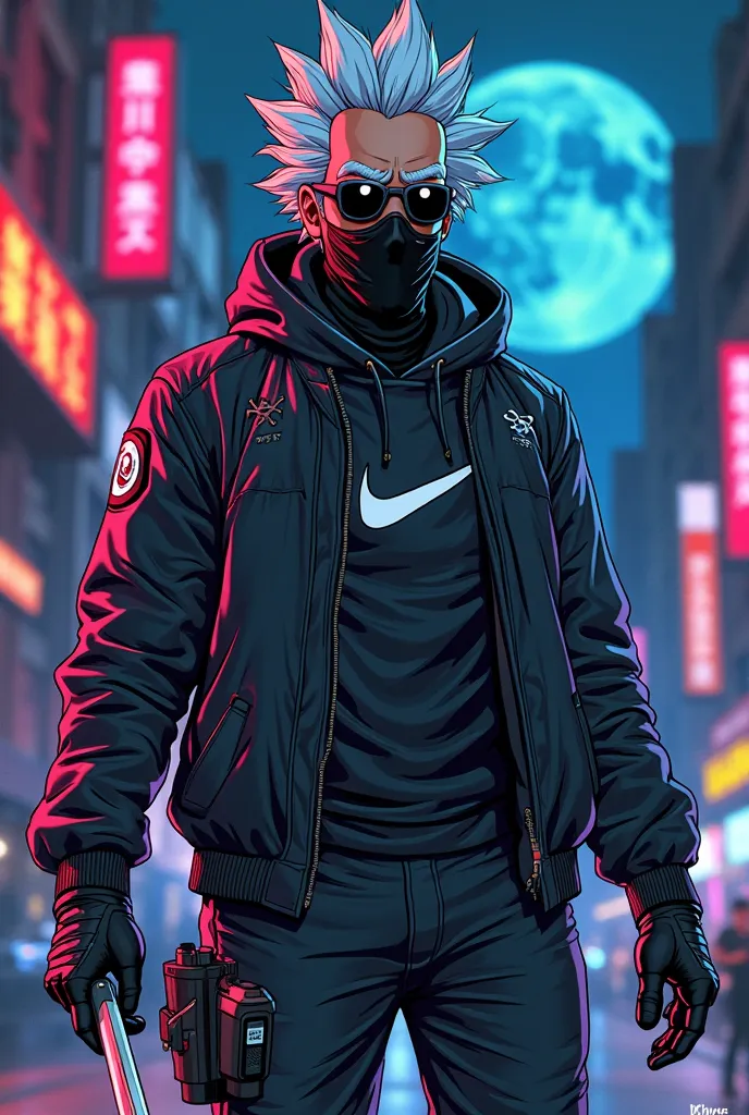 Rick Sanchez, nike sport black outfit, black sun glasses, face black skimask,  hand wearing katana. cartoon,
uk night rider,