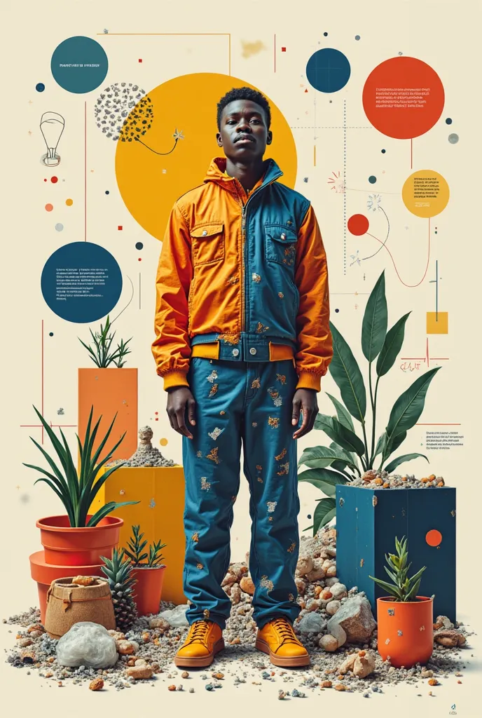 A conceptual and artistic poster that represents the transformation of waste into useful and aesthetic objects. The design must convey a powerful message about reuse and sustainability. The central composition shows a human figure dressed in clothes made o...