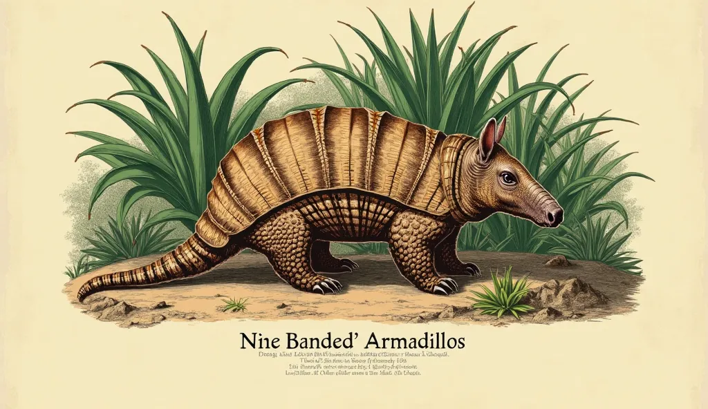 Image is a detailed, vintage-style illustration of a nine-banded armadillo, depicted in a naturalistic setting. The armadillo is shown in profile, highlighting its distinctive segmented armor and elongated snout. Its body is a mix of earthy browns and tans...