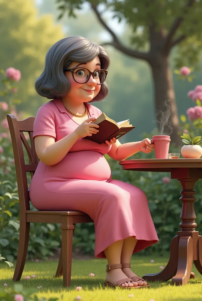 Disney Pixar style 3D woman medium height elbow-length brown hair with gray highlights round face wearing glasses overweight body, Wearing a pink pink dress and sandal Anabela sitting in the garden at the table drinking coffee and reading the Holy Bible 