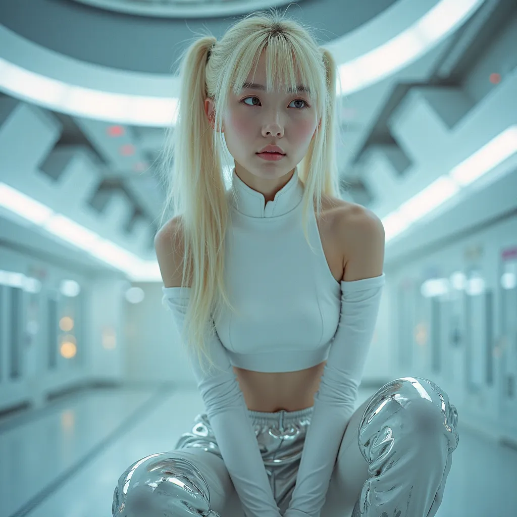 Angle from below, Japanese woman, pretty face, twin-tail hair, bangs, blonde hair, bangs, blurred background, blur, background is in a future high-tech spaceship, chromatic aberration, knee high, upward glance, motion blur, Photo_Curly, white and silver hi...