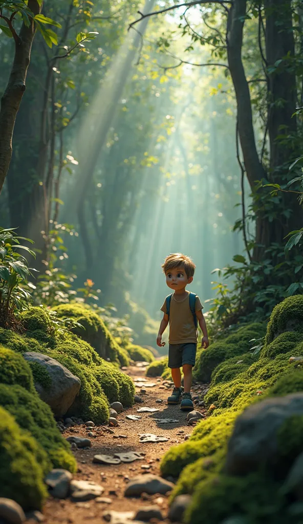 But one evening, boy saw something strange—a trail of tiny footprints of baby dino leading to the forest.3d style