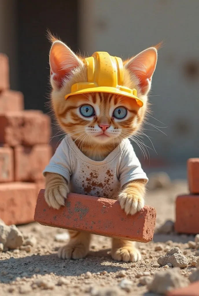 A small, orange tabby kitten, positioned slightly off-center to the left of the image, is depicted as a construction worker. The kitten wears a white t-shirt with dark brown/gray stains and smudges, appearing as if covered in construction debris.  The kitt...