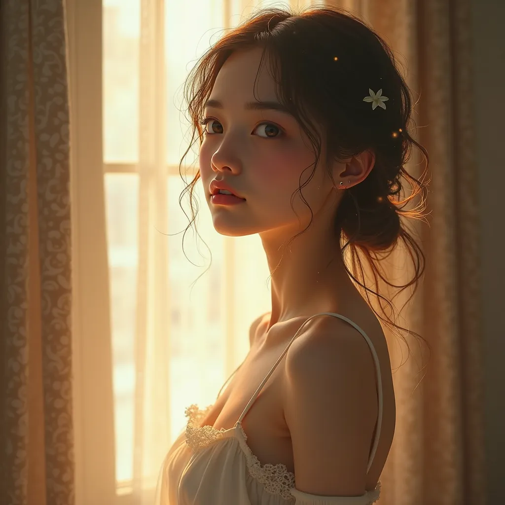 Beautiful young girl standing by a window, natural lighting