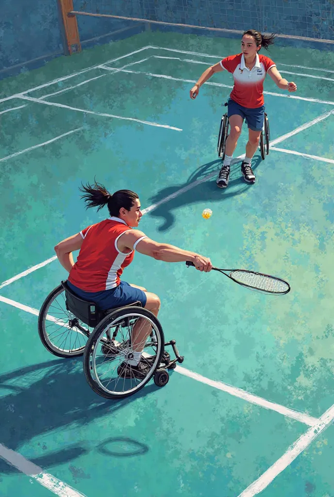 A badminton player in a wheelchair with a player standing, blue white red theme for a poster