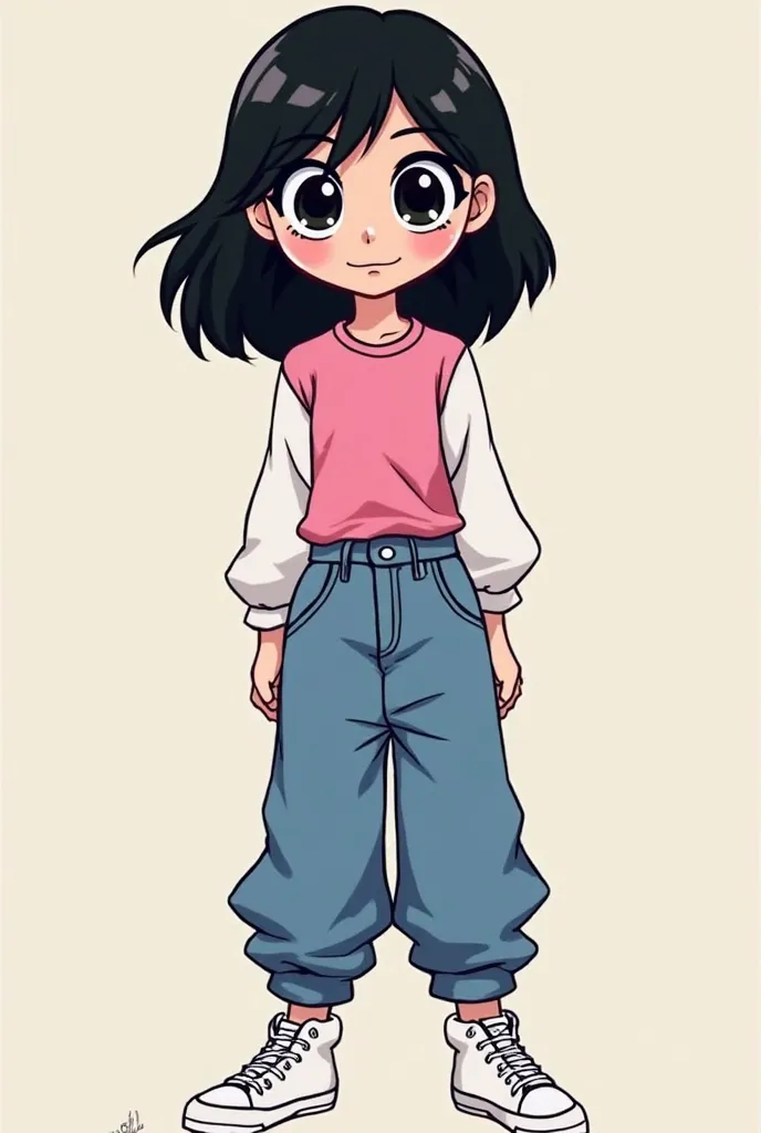 ChatGPT

You said:
Please use my photo to design my Powerpuff girls cartoon I want it to be like myself. In the photo I have medium black hair , pink shirt with white upper long sleeves a blue baggy jeans and white shoes I have cool style and black eyes