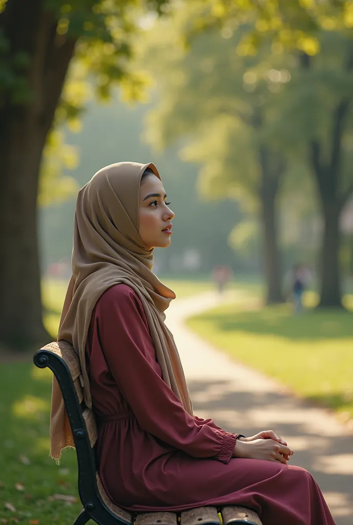 A 20-year-old Muslim girl wearing a hijab is sitting on a park bench