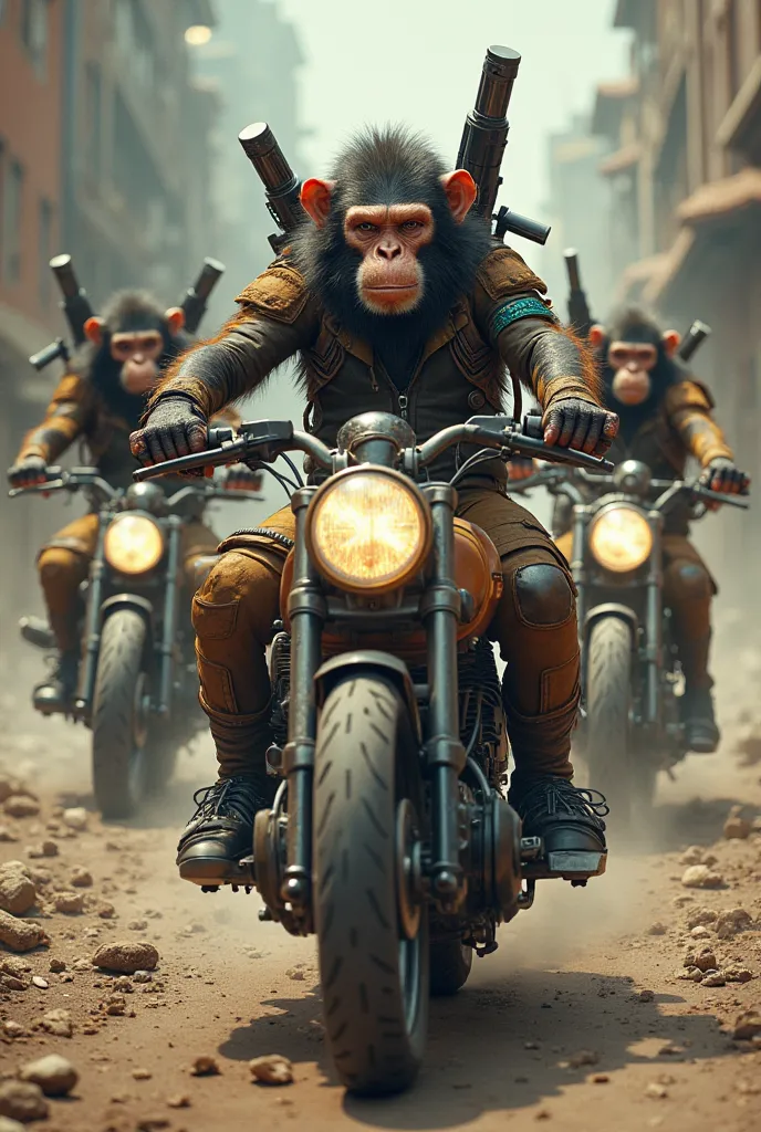 Make me a monkey that is on a motorcycle with weapons and also some female monkeys