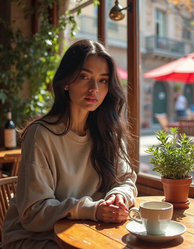 Create a close-up selfie of ( character reference, she ) cozy coffee scene with large, janshes arqueadas que deixam entrar uma luz suave,  Natural sunlight . she has a techie look. your lips are reds and your skin seems flawless.your long black hair. she i...