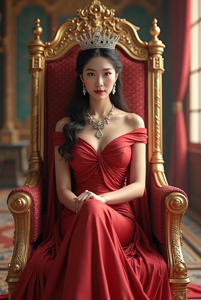 Masterpiece, best quality, (very detailed CG unity 8k wallpaper) (best quality), (best illustration), (best shadows), 25 year old woman, asian, beautiful face, sitting on throne , crossed legs, looking down at viewer, necklace, earring, crown, heels, palac...