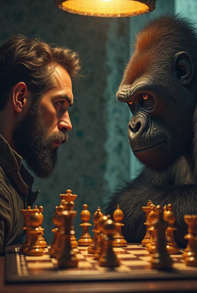 "A hyper-realistic, ultra-detailed digital painting of a human and a gorilla playing chess in a dimly lit, atmospheric setting. The human has the facial features of [describe yourself: skin tone, eye shape, hair, beard, etc.], wearing [describe clothing st...