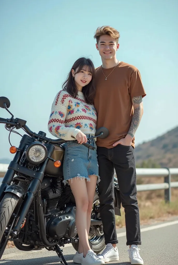 A beautiful Korean girl smiling white wearing earrings and necklace thin bangs tied sideways half wavy curls next to colorful motifs small lines wears colorful sweater dress short jeans skirt brown black with cool style cool style wears small bag branded o...