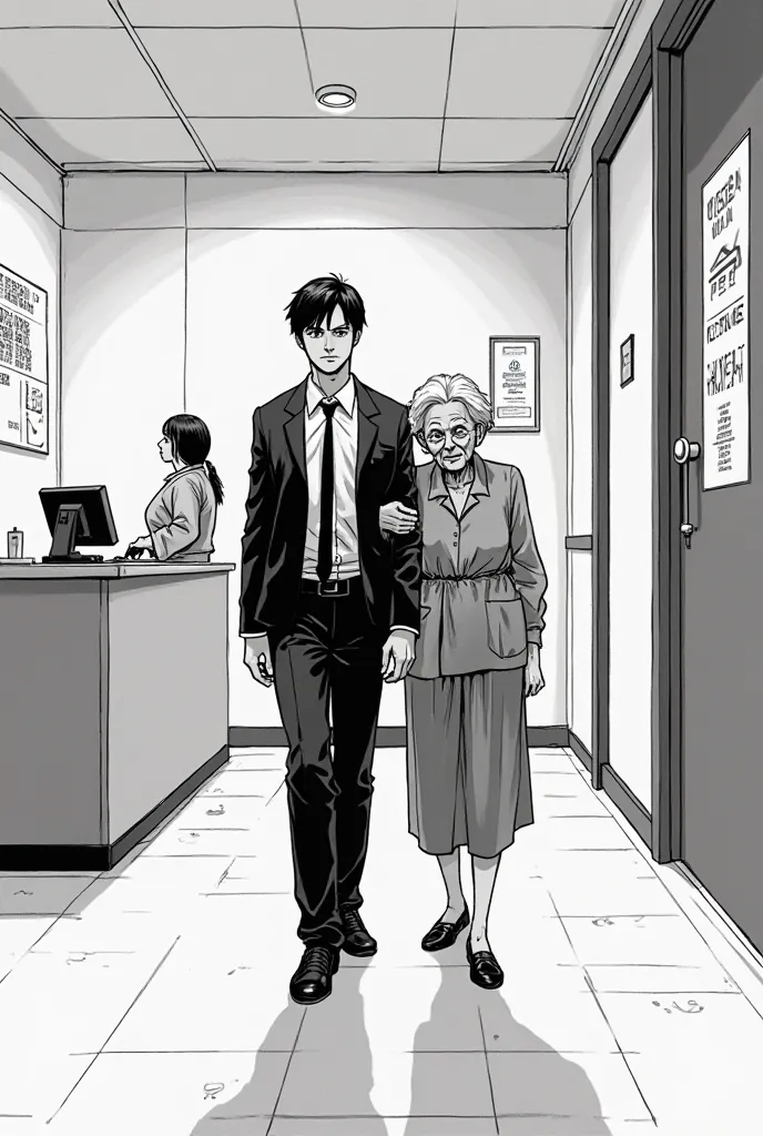 Make a black and white manga style image where a ager of about 18 years old dressed in a suit is arriving at a hospital with his grandmother and that they are with the receptionist 