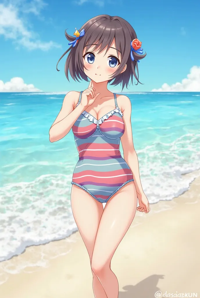 Anime girl in Japanese hairstyle, and blue eyes in swimsuits on the beach 