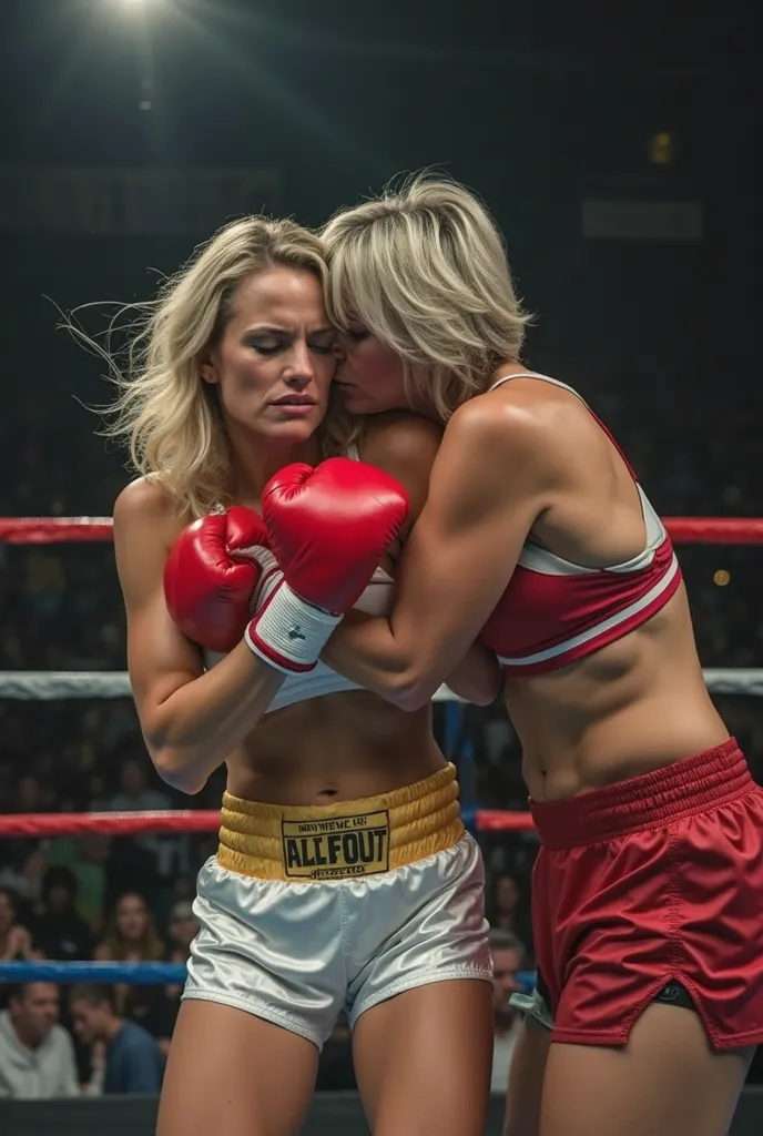 A beautiful blonde woman, eyes closed, wearing white metallic short shorts, gold belt, white socks, red boxing gloves, sweaty, knees bent,head turned to the side, looks exhausted and beaten, being knocked down in a boxing ring by a smaller gray-haired 52 y...