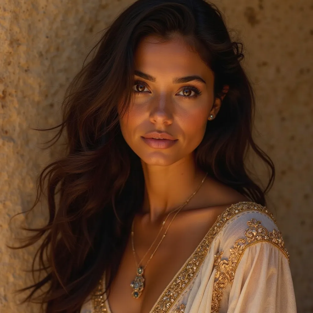 She has deep, almond-shaped hazel eyes framed by thick lashes, with warm olive-toned skin that glows under the sun. Her dark, wavy hair cascades down her back, and she wears a delicate kaftan embroidered with golden threads.
